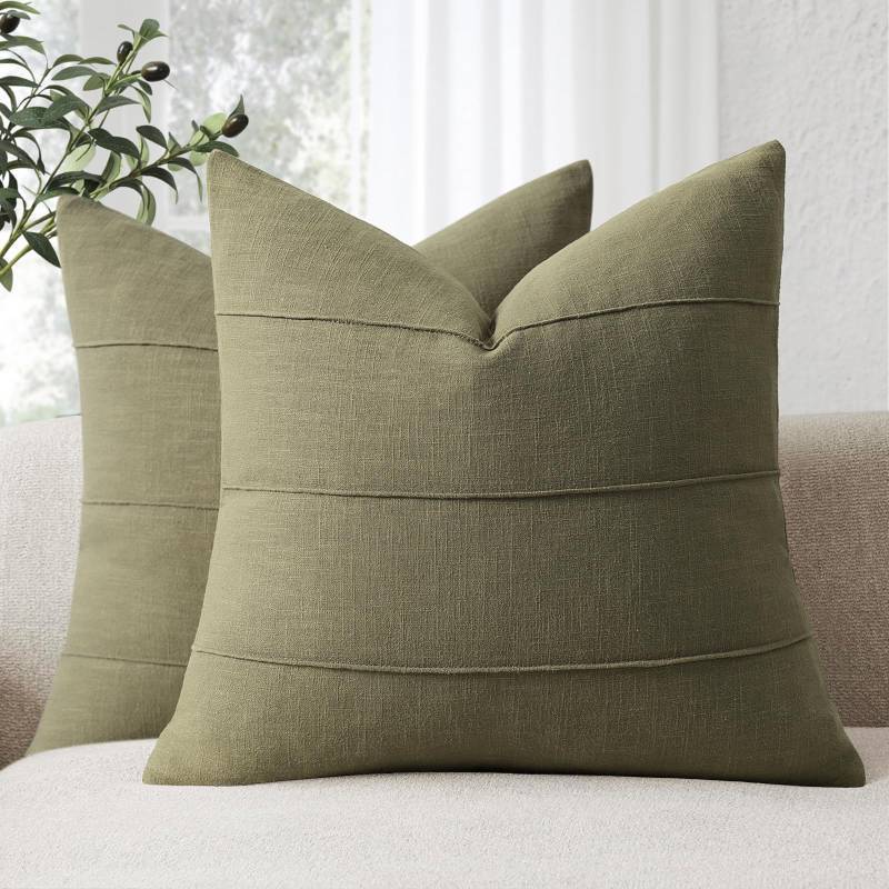 lot 8101 image: ZWJD Christmas Linen Throw Pillow Covers 18x18 Set of 2 Solid Handcrafted Striped Cushion Covers for Bed Soft Xmas Decorative Pillow Covers for Couch Bedroom Living Room Christmas Decor(Olive Green) - Retail $22