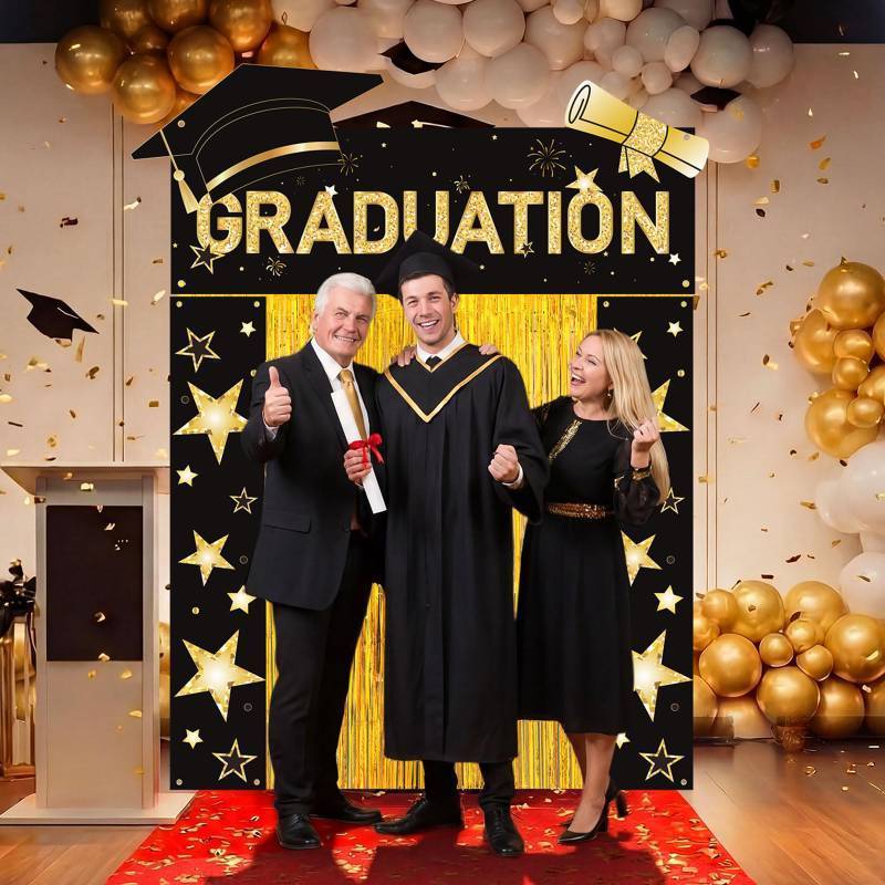 lot 8127 image: HunnmingRe 7 Pcs 2026 Graduation Party Decoration Include Class of 2026 Graduation Door Porch Banner, Gold Fringe Curtain, Red Carpet, Grad Photo Backdrop for College School (Black)