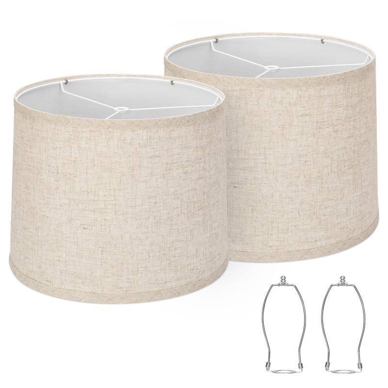 lot 8154 image: Lampshades Set of 2, Drum Lampshades 11.6 Top x 12.6 Bottom x 9.8 High, Seaside village Medium Lampshades (Spider Fitter), Beige Lampshades Natural Linen Hand Crafted, Easy Assembly Required - Retail $30