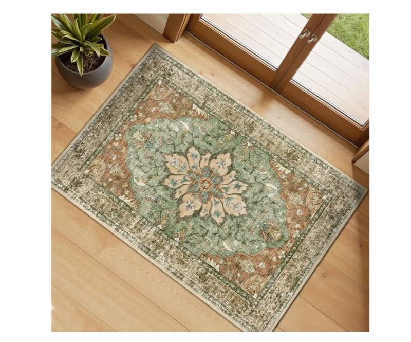 lot 19052 image: RELEANY Washable Area Rug, Small 2x3, BrickBrownGreenNon-Slip, Water Repellent, Pet Friendly, Easy to Clean, Vintage Floral Boho Decor for Kitchen Entryway Bathroom - Retail $20