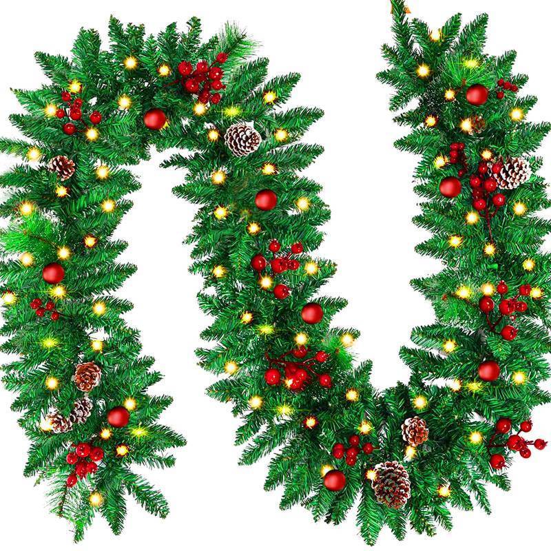 lot 19065 image: 9 FT LED Christmas Garland with Pinecones Red Berries Bows Christmas Balls Candies, Multi-Function Christmas Garland with 50 Warm White LED Lights, 310 Branch Tips for Indoor Outdoor - Retail $40