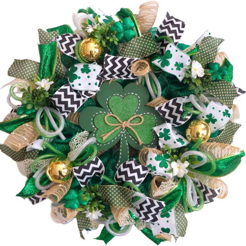 lot 19081 image: TEMPUS 22 Inch St Patricks Day Shamrock Mesh Wreath Irish Festival Gold Glitter Ball Wreath with Shamrock Wooden Sign for Home Wall, Porch, Indoor and Outdoor Decorations - Retail $34