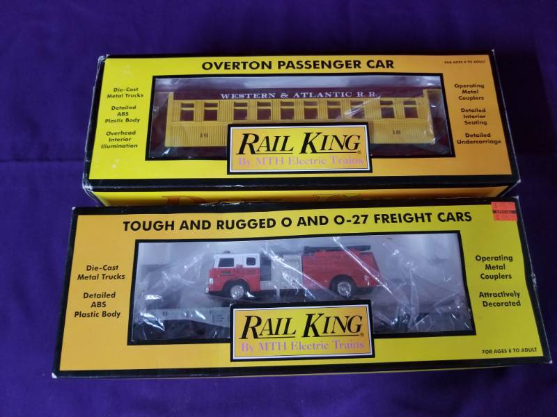lot 2403 image: Rail King O & O-27 Freight Cars & Overton Passenger Car.