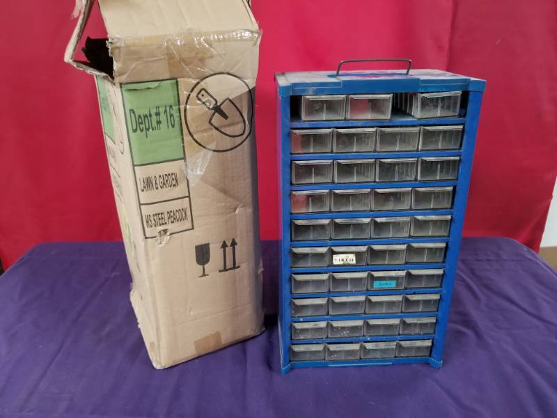 lot 2433 image: Metal Cabinet with Individual Sorting Drawers and Misc