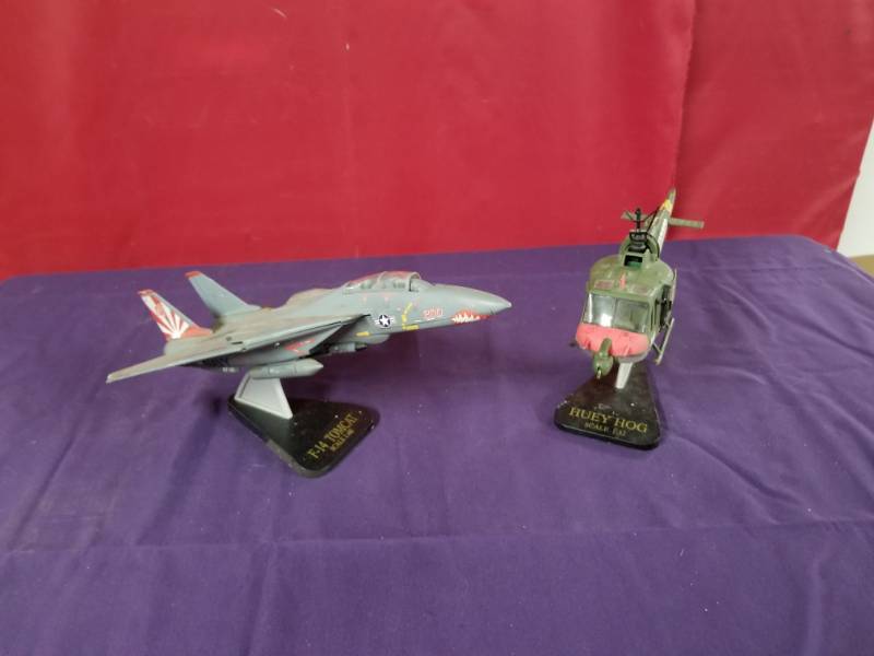 lot 2434 image: Metal Fighter Jet and Helicopter on Stands