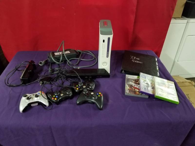 lot 2474 image: Xbox and Folder Full of Games, Controllers and Cords