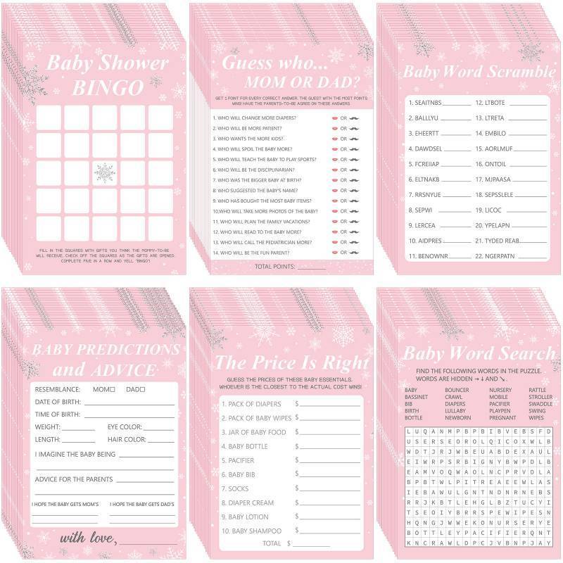 lot 60080 image: Harloon 302 Pcs Winter Snowflake Baby Shower Games, 6 Games, 50 Sheets Each, Baby Shower, Word Scramble, Word Search, Predictions and Advice(Pink) - Retail $20