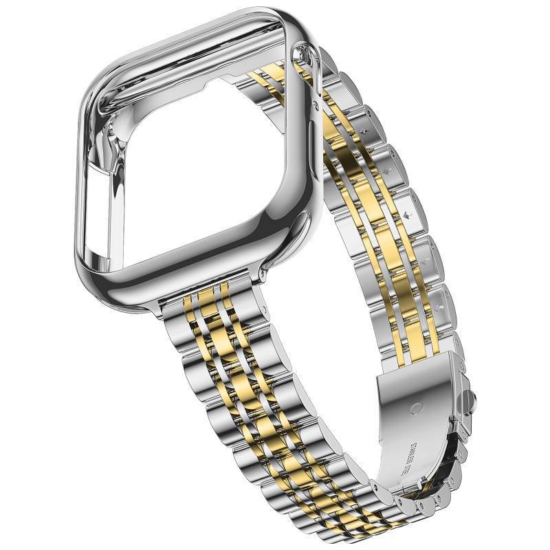 lot 60220 image: iiteeology Slim Metal Bands Compatible with Apple Watch Band Series 11-10, Women Thin Stainless Steel Band with with Bumper Case for iWatch Band 46mm, SilverGold