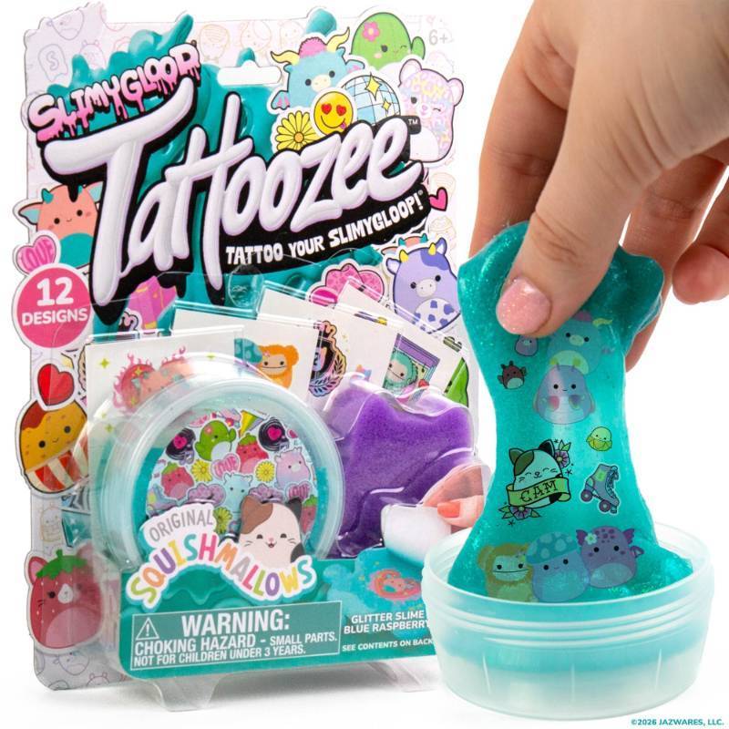 lot 7866 image: SLIMYGLOOP Tattoozee, Squishmallows Tattoo Transfer Slime Kit, Sensory Play for Kids Ages 6, Blue Raspberry Scented, Glitter Texture