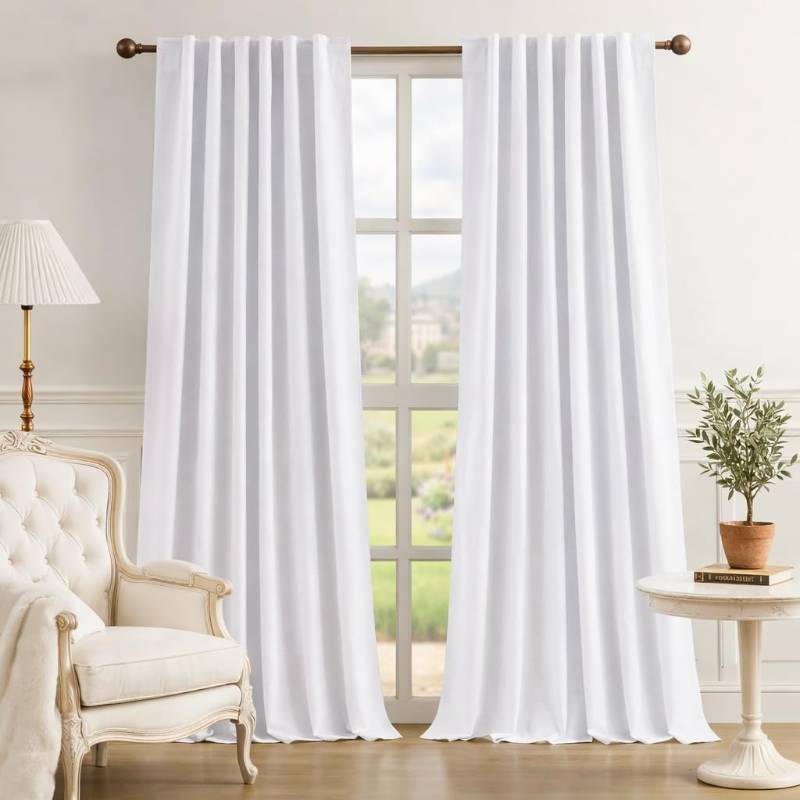 lot 7531 image: HOMEIDEAS 100% Chenille Blackout Curtains for Bedroom White Curtains 96 Inch Length 2 Panels for Living Room Luxury Thermal Insulated Rod Pocket & Back Tabs Window Drapes, W52 x L96