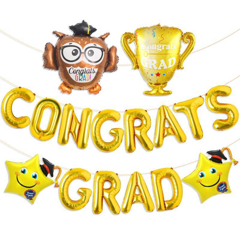 lot 7924 image: Stcomart 16 Inch Congrats Grad Banner Balloons Kit Contains Congrats Graduation Cap Star Balloon, Owl Trophy Foil Balloons for Graduation Balloons Class of 2024 Party Decorations Supplies, Gold