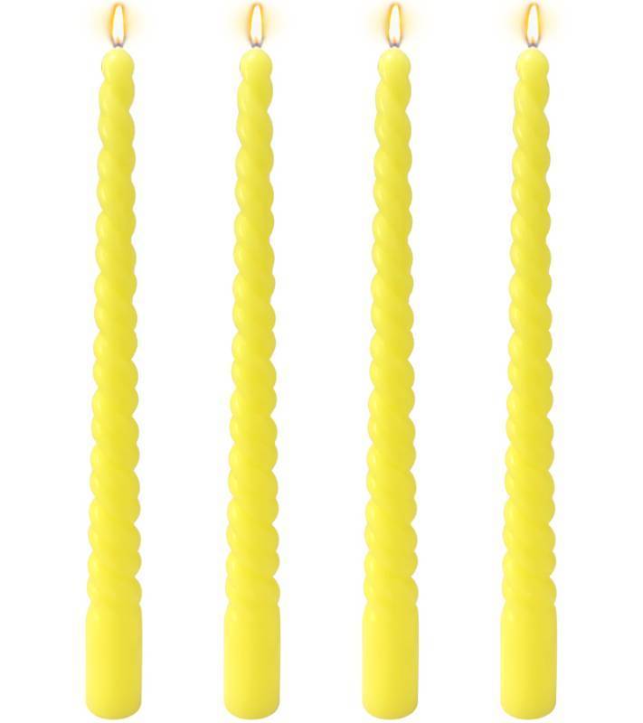 lot 8002 image: 4 Pack 11.5 Inch Yellow Spiral Taper Candles, Solid Color Thin Candlesticks, Dripeless and Unscented Long Dinner Candle for Home Decoration Halloween Fall Party Celebration