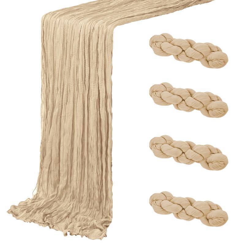 lot 5894 image: 4 Pack Beige Cheesecloth Table Runner 20 x 120 inch Gauze Table Runners 10 FT Long,Semi Sheer Boho Cheese Cloth Fabric Table Runner Bulk for Party,Wedding,Baby Shower,Bridal Shower Decoration