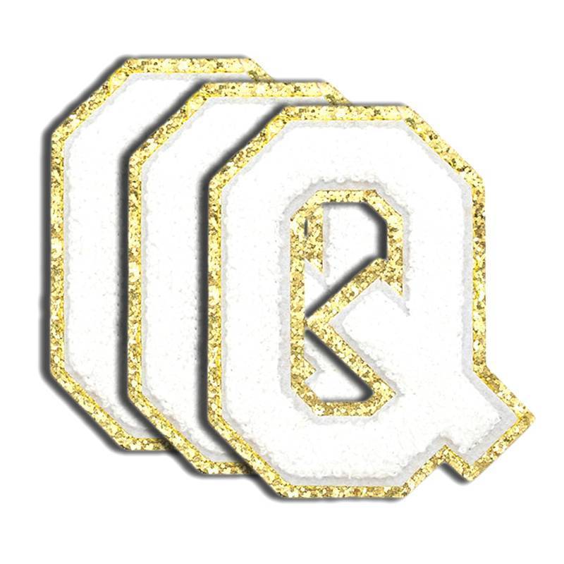 lot 7998 image: 3Pcs White Chenille Iron on Letters Patches, Large Size 4.5 Varsity Letters Patches for Team Uniform Sports T Shirt Jeans Backpacks - Golden Border Q