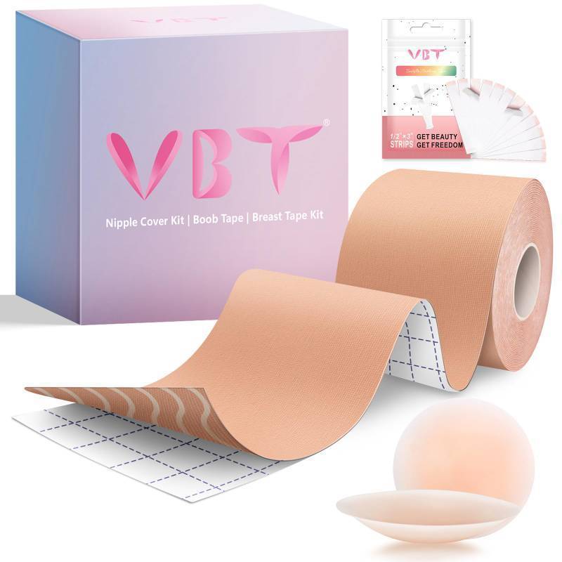 lot 8251 image: VBT Boob Tape Kit, Boobtape for Breast Lift with 1 Breast tape, 5 Pairs Satin Bra Petals, 1 Pair Silicone Nipple Stickers, 36 PCS Double Sided Tape, Boobytape for Large Breasts A-G Cup