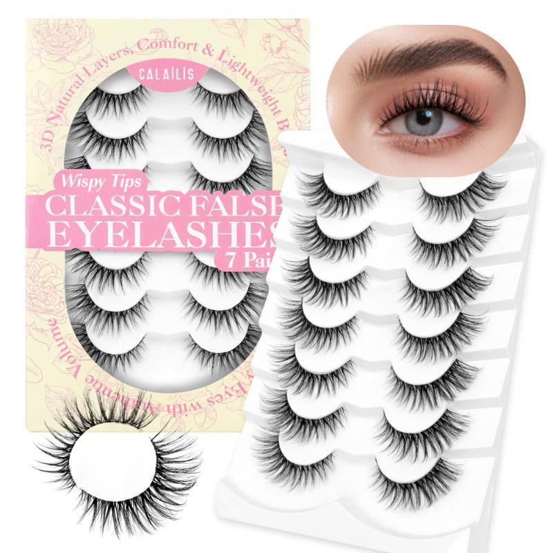 lot 8274 image: CALAILIS False Eyelashes Natural Look Fake Lashes Wispy 3D Fluffy False Lashes Faux Mink Fake Eyelashes Cat Eye Lashes Soft and Reusable Strip Lashes 7 Pairs (WIS01)