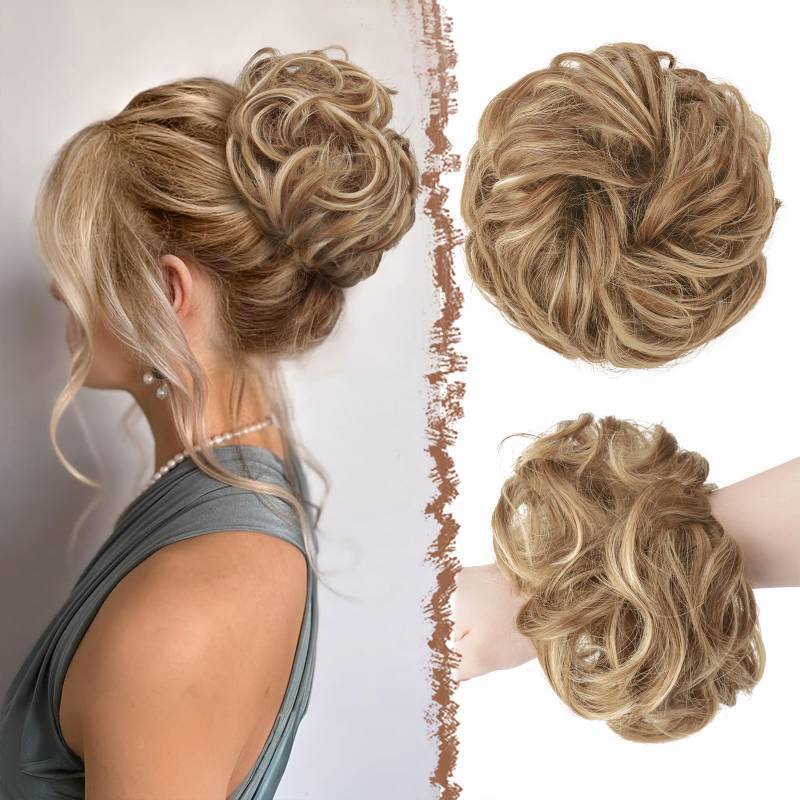 lot 7695 image: FESHFEN Large Messy Bun Hair Piece - Wavy Synthetic Chignon Scrunchies Elastic Ponytail Hair Extensions Thick Hairpieces for Women, Sunkissed Highlights 1.94oz