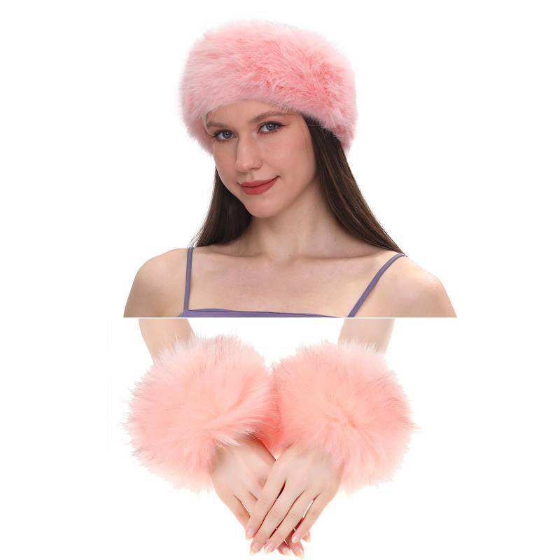 lot 8521 image: Fancylovesotio 2 Pieces Faux Fur Headband Arm Warmers Wrist Cuffs Earmuff Ear Warmer for Cold Weather Furry Costumes (Pink)