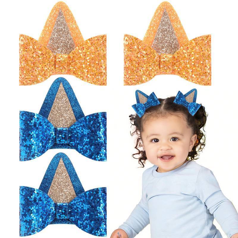 lot 8523 image: NCMAMA 4PCS Glitter Blue and Orange Dog Ear Hair Bows for Girls,Hair Clips