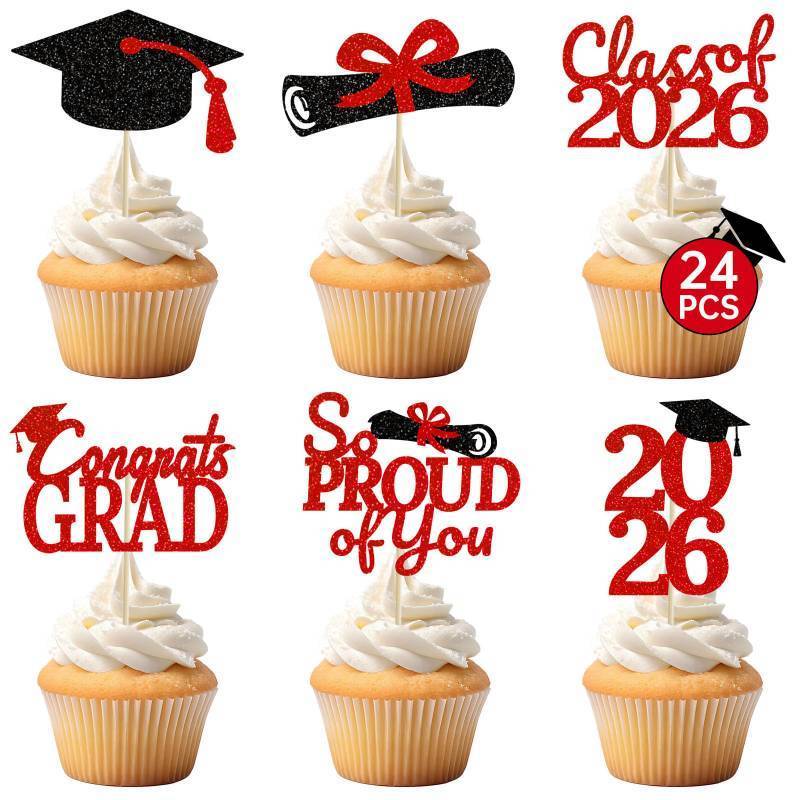 lot 8358 image: 24 Pcs Graduation Cupcake Toppers 2026 - Congrats Grad Decorations Class of 2026, Pre-Assembled Red Black Grad Cake Topper Centerpieces for Graduation Party Decoration Supplies Table Decor, 6 Styles