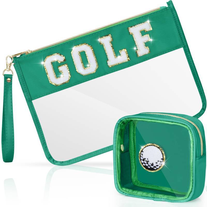 lot 8372 image: BuyCard 2 Pcs Golf Gifts Cosmetic Makeup Bag with Chenille Letter Patch, Clear Pouch PVC Organizer Purse, Waterproof Travel Bag, Portable Toiletry Storage Bag for Her Girls Friends Women