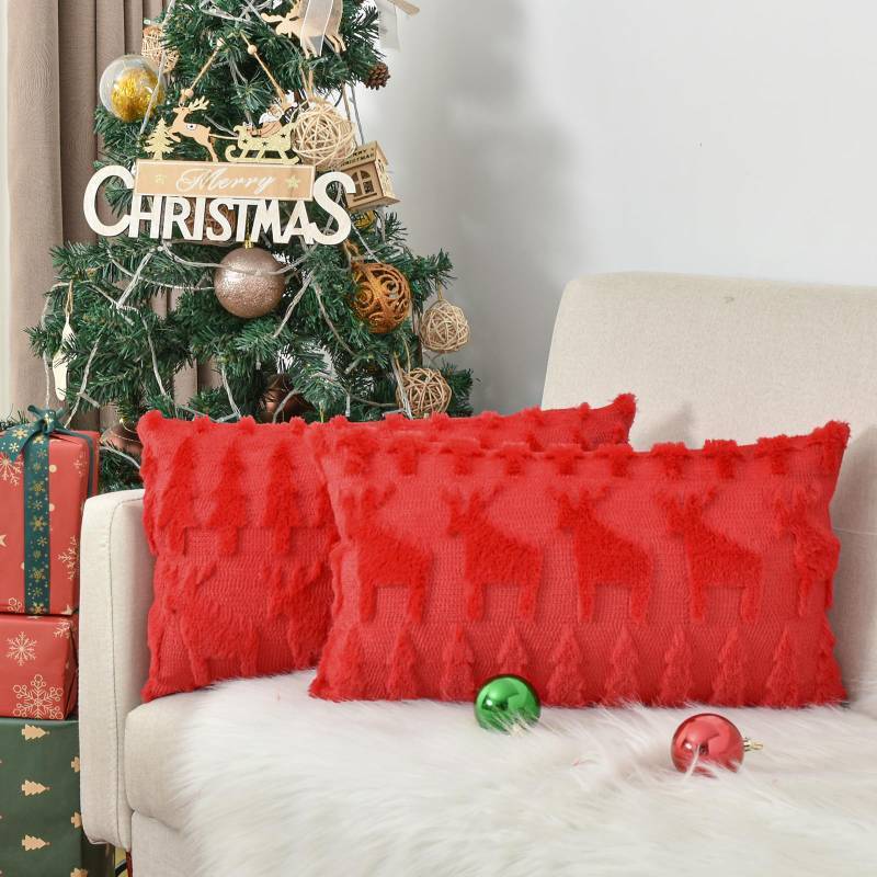 lot 8275 image: Snycler Christmas Pillow Covers 12x20 Inch Set of 2 Soft Plush Faux Fur Christmas Elk Decorative Luxury Jacquard Throw Pillows Pillowcases for Couch Sofa Holiday Festivals Home Decor, Red