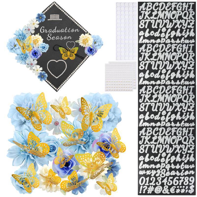 lot 7343 image: Graduation Cap Decorations Kits, Faux Flower Heads 3D Butterfly Stickers Self Adhesive Rhinestones Glitter Alphabet Letter Stickers and Double Sided Tape for Grad Cap Topper DIY Craft Art Decorations