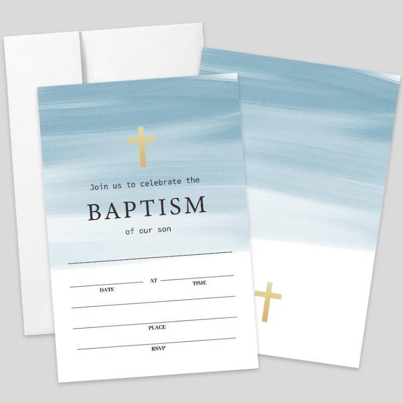 lot 8470 image: AEHIE 20 Sets Baptism Baby Shower Party Shaped Fill-In Invitations With Envelopes, Blue Gold Cross Bautizo Invitations Cards for Boys, Christening First Holy Communion Party Invites