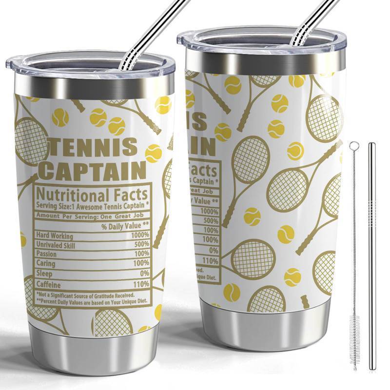 lot 8567 image: CWEGSJ Tennis Captain Gift, 20oz Stainless Steel Tumbler with Lid and Straw (Tennis-Nutrition Facts) - Retail $19