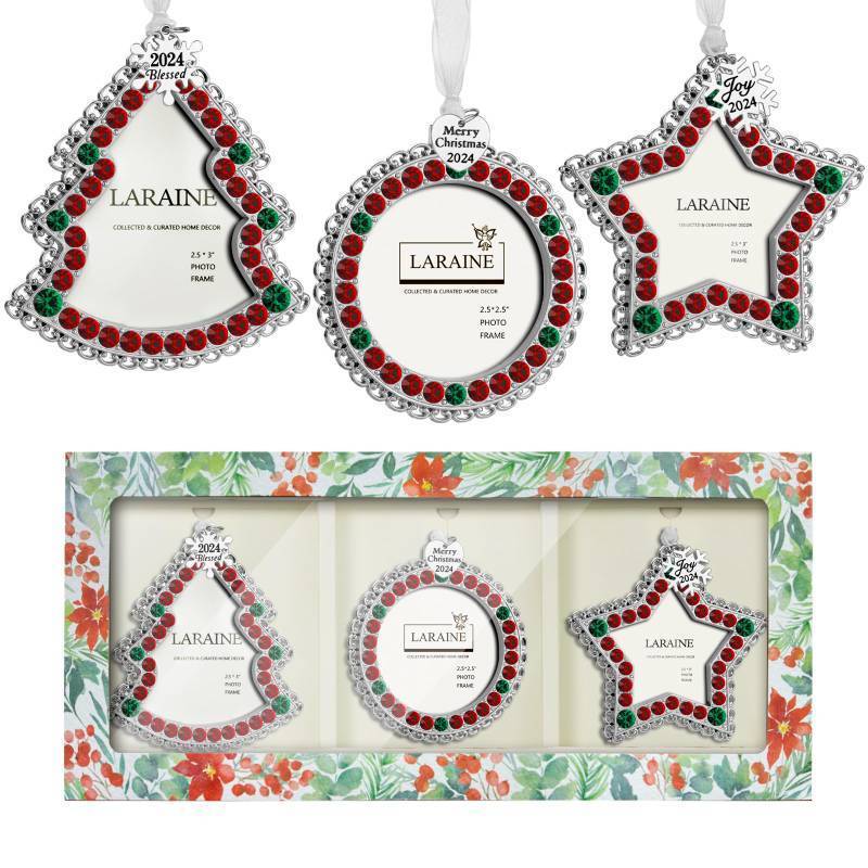 lot 8579 image: Laraine Christmas Tree Ornaments 3 Pieces - Decorative Hanging 2024 Rhinestones Pendant with Small Picture Frame Insert for Pet Holiday Keepsake Gift (Green&Red (2024)) - Retail $17,317