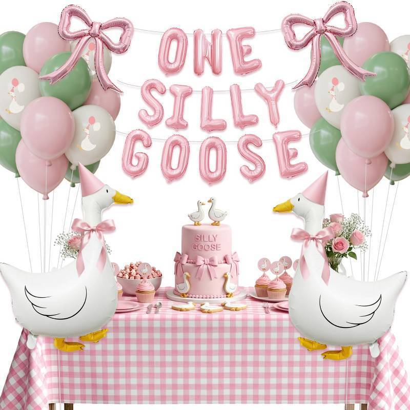lot 8589 image: One Silly Goose 1st Birthday Table Decorations Girl - Goose Balloons with Pink Bow, ONE SILLY GOOSE Foil Banner & Gingham Tablecloth, Cute Baby Girl Birthday Party Decor - Retail $20