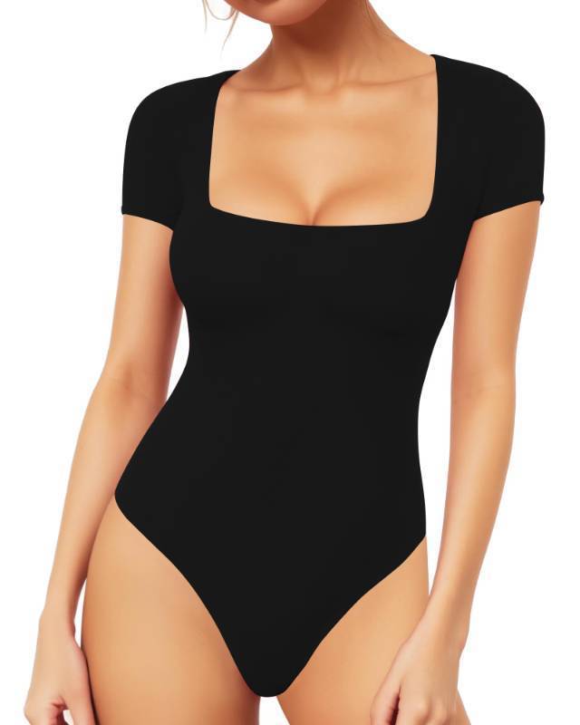 lot 8611 image: MANGOPOP Womens Square Neck Short Sleeve Bodysuit Tops Nude S