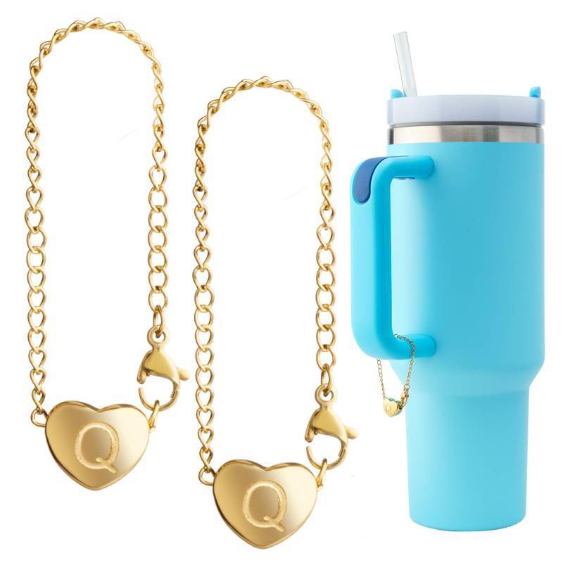 lot 9101 image: TPPICK 2PCS Letter Charm Accessories for Stanley Cup, Name ID Letter Handle Charm for StanleySimple Modern Tumbler, Heart Shape Initial Identification Charms (Q)