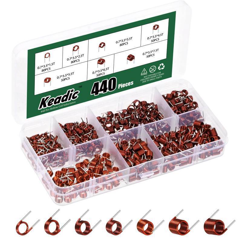 lot 8702 image: Keadic 440 Pcs 7 Size Lot 0.7  3.5  1.52.53.54.55.56.57.5T Inductors FM Coil, Inductor Hollow Coil, Inductance Copper Wire Remote Control