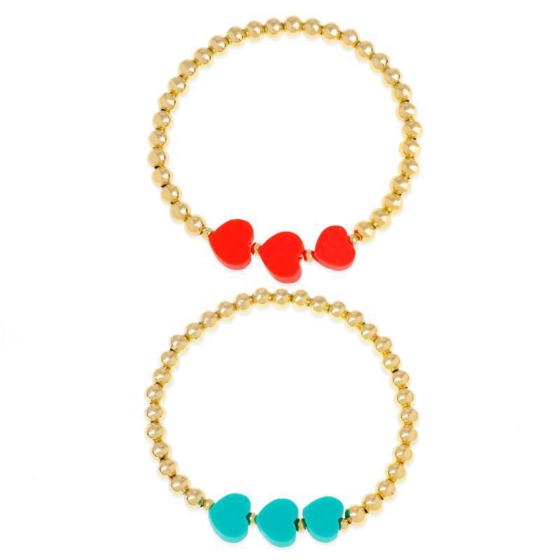lot 8769 image: Tyebiva Valentines Day Gold Beads Couple Stack Bracelets Set for Women, 2Pcs Trendy Boho Handmade Mint Green Red Three Love Heart Outfit Festive Friendship Bracelet Jewelry Gift.