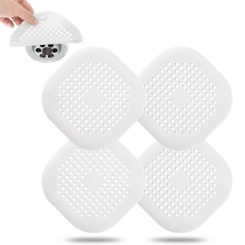 lot 8780 image: Hair Drain Catcher, Square Drain Cover for Shower Silicone Hair Stopper with Suction Cup, Easy to Install Suit for Bathroom, Bathtub, Kitchen 4Pack (White)