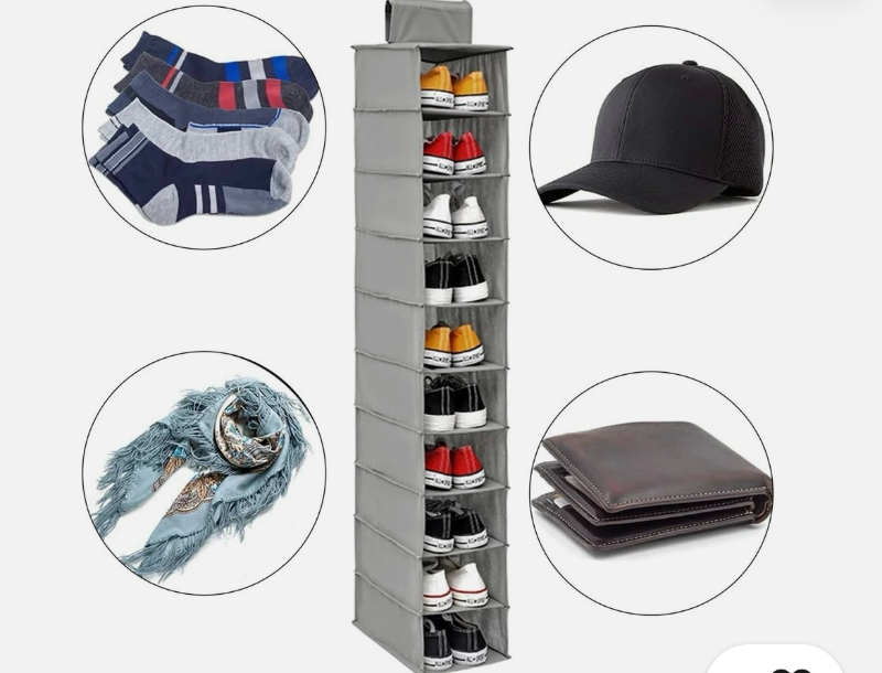lot 8903 image: Gray Hanging Closet Organizer 10-Shelf Storage Tower