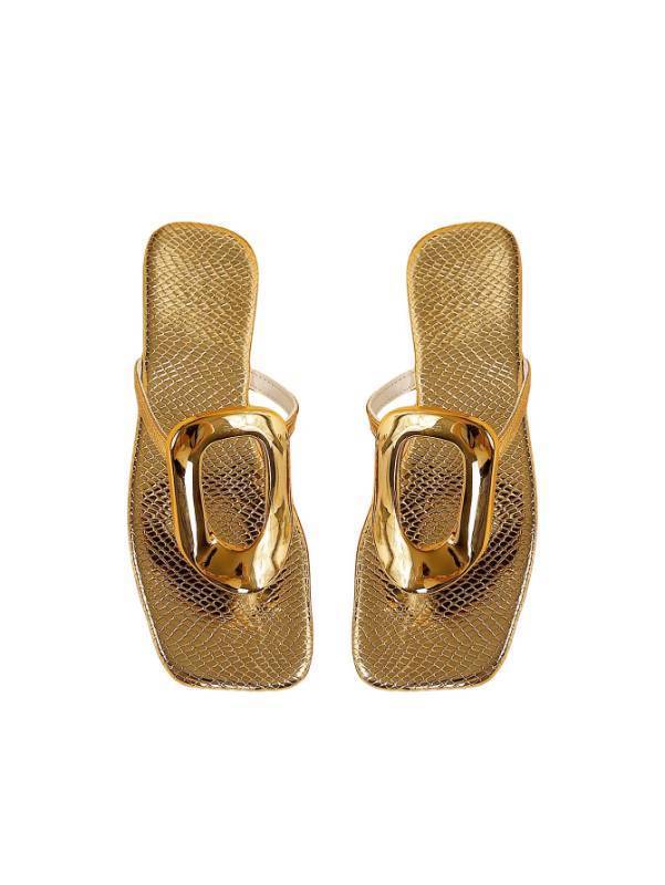 lot 8809 image: GORGLITTER Womens Gold Flip Flops Flat Sandals Open Toe Cute Dressy Slides - Retail $23