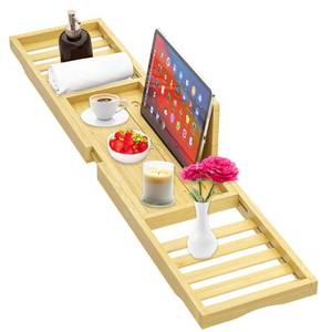 lot 2189 image: Bathtub Tray - Bath Tray Expandable - Bath Table Trays for BathtubTub,Premium Bamboo Wooden, Fits Most Bath Tubs - Retail $16