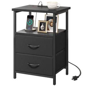 lot 2192 image: Fixwal Night Stand with Charging Station, 2 Fabric Drawers, Black - Retail $37