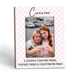 lot 2197 image: Tpbnnyqi Cousins Gifts Picture Frame 5x7, Cousin Wooden Photo Frame for Table Desk Display, Cousins Christmas Birthday Gifts,a Cousin Is Your First Friend Checkered Picture Frames for Home Room Decor - Retail $15