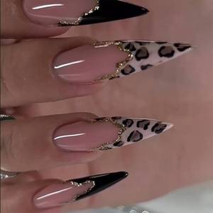 lot 2221 image: IMRAIN Press on Nails Long Stiletto Fake Nails Black Leopard Print French Nail Tips Full Cover Glossy Nude Glue on Nails Acrylic Almond False Nails for Women Girls 24Pcs - Retail $8