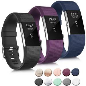 lot 2234 image: 3 Pack Sport Bands Compatible with Fitbit Charge 2 Bands Women Men, Adjustable Replacement Strap Wristbands for Fitbit Charge 2 HR Small Large (Small, BlackPurpleNavy Blue) - Retail $8