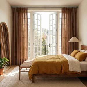 lot 2241 image: NICETOWN Pinch Pleated Linen Gold Brown Curtains 96 inches Long, Flax Linen Blend Semi Sheer Privacy with Light Filtering Window Treatments Causal Drapes for Bedroom, W40 x L96, 2 Panels - Retail $36