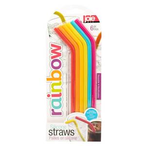 lot 2253 image: Joie Silicone Straws with Cleaning Brush, Set of 6, Rainbow Color Assortment - Retail $7