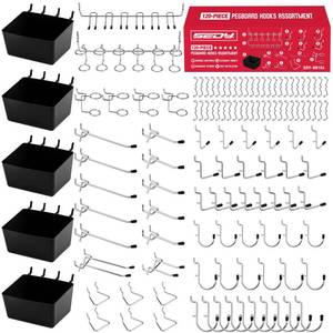 lot 2264 image: 120PCS Pegboard Accessories Kit, Pegboard Hooks Assortment with Bins and Stainless Steel Peg Locks, Tool Organizer for 18 and 14 Pegboards, Garage Wall Organization, Workshop and Tool Storage - Retail $20