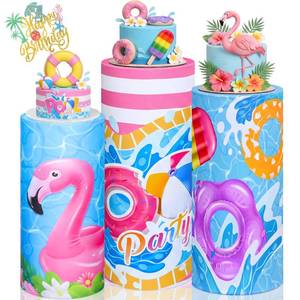 lot 2265 image: Mindsoft Set of 3 Summer Pool Spandex Cylinder Stand Covers for Party, Flamingo Cylinder Pedestal Covers, Dessert Table Display for Birthday Swimming Party Baby Shower Backdrop Decor(Pink, Blue, Pool) - Retail $16