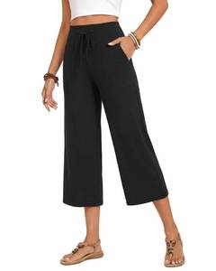 lot 2286 image: ZOOSIXX Capri Pants for Women - Palazzo Pants Casual Wide Leg Trousers with Pockets Summer High Waisted Drawstring Pants Black - Retail $18