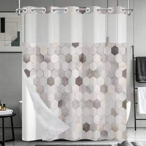 lot 2293 image: NAEMBCU No Hook Geometric Shower Curtain with Snap in Liner 71x74 Inch - Retail $24