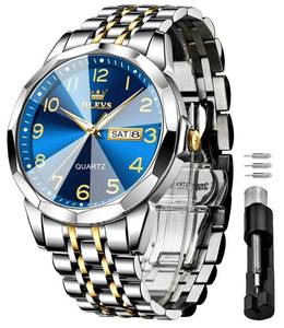 lot 2313 image: OLEVS Blue Watch for Men Luxury Dress Analog Quartz Silver Stainless Steel Waterproof Luminous Date Diamond Business Two Tone Casual Wrist Watch - Retail $43